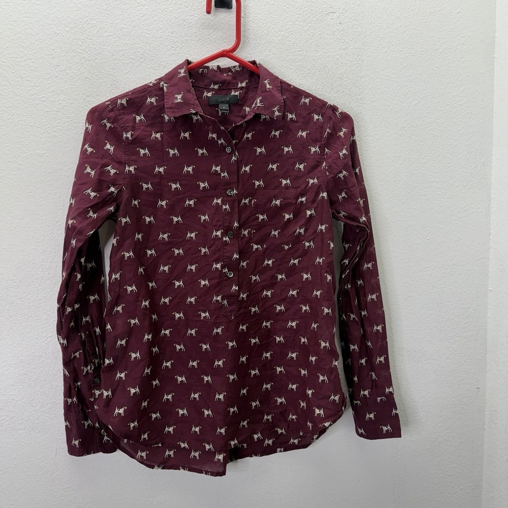 J Crew SZ 0 XS Dog Novelty Print Half Button Top Maroon Cotton Silk Long Sleeve